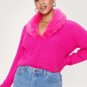 Nasty Gal Hot Pink Faux Fur Collar Cardigan
